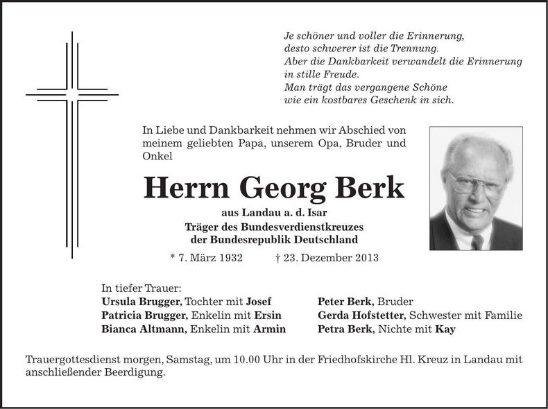 Traueranzeige Georg Berk