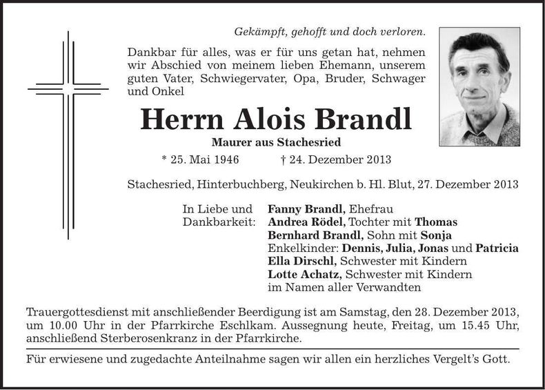 Traueranzeige Alois Brandl