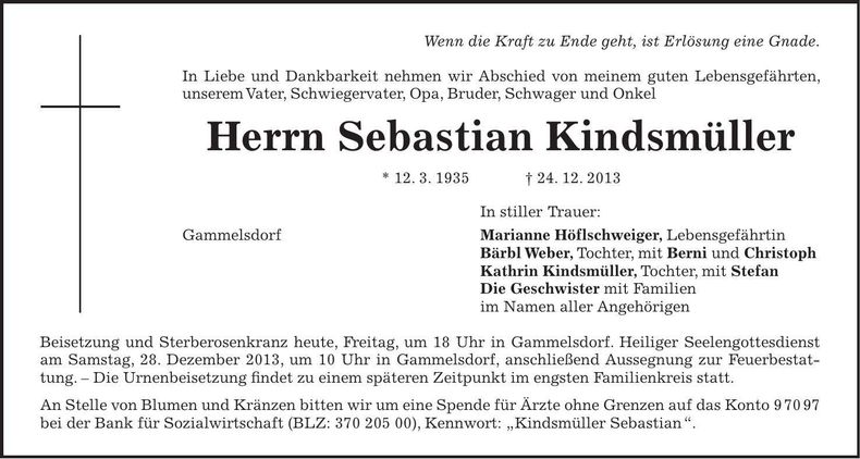 Traueranzeige Sebastian Kindsmüller