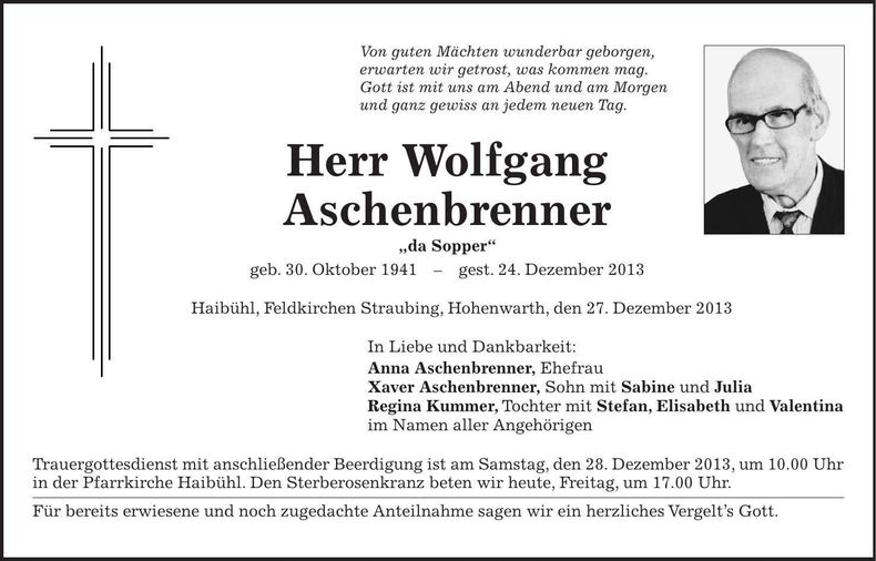 Traueranzeige Wolfgang Aschenbrenner