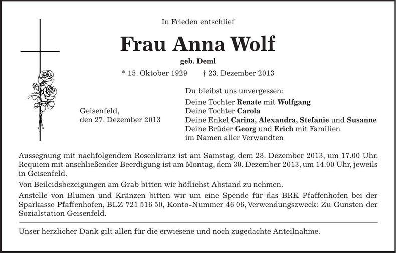 Traueranzeige Anna Wolf