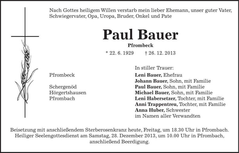 Traueranzeige Paul Bauer