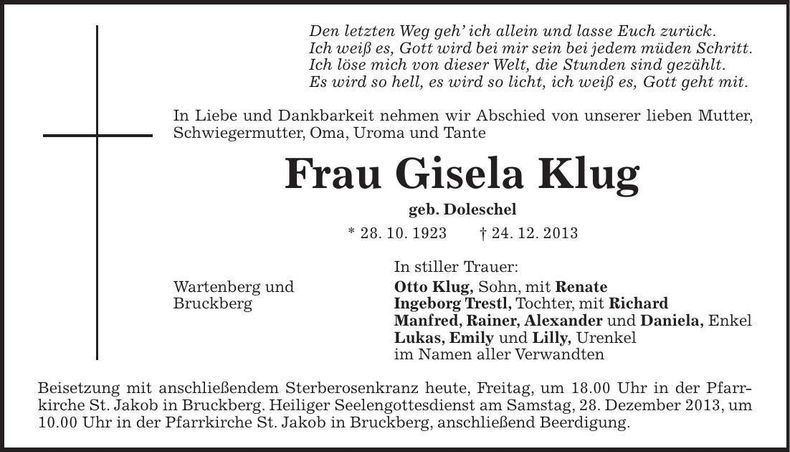 Traueranzeige Gisela Klug
