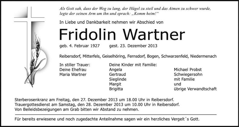 Traueranzeige Fridolin Wartner