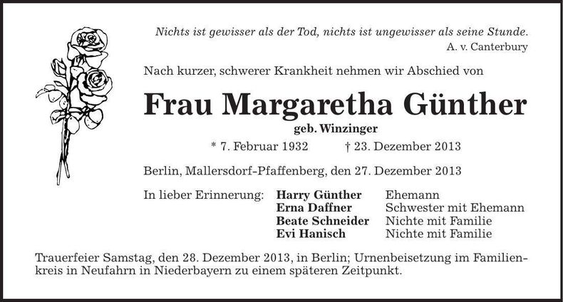 Traueranzeige Margarethe Günther