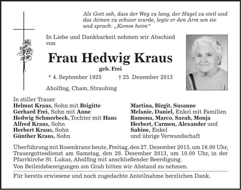 Traueranzeige Hedwig Kraus