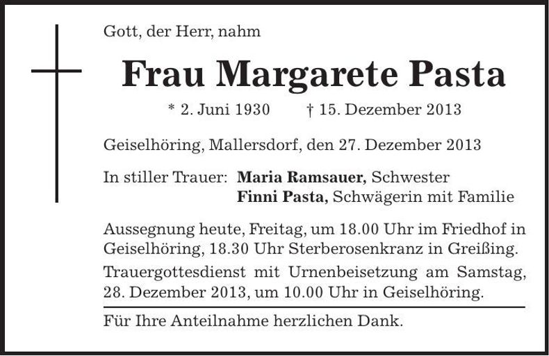 Traueranzeige Margarete Pasta