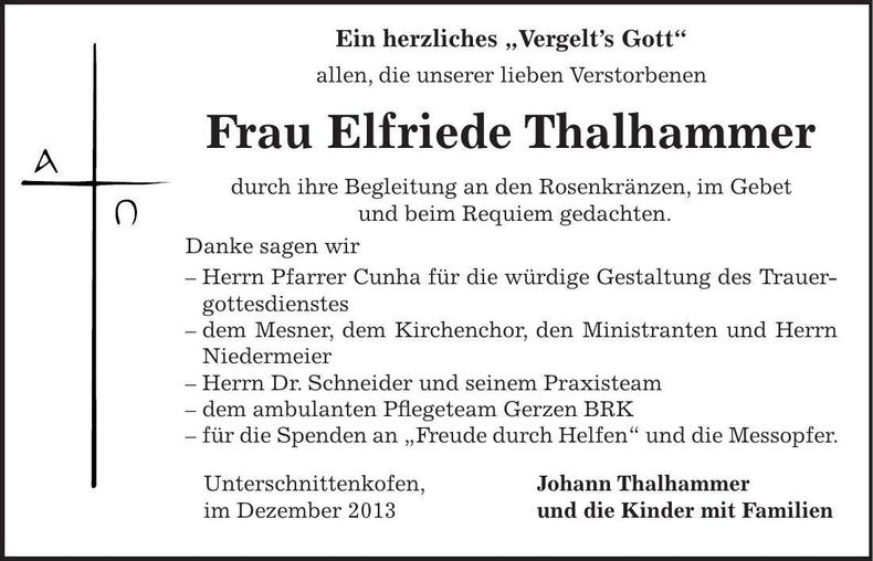 Traueranzeige Elfriede Thalhammer