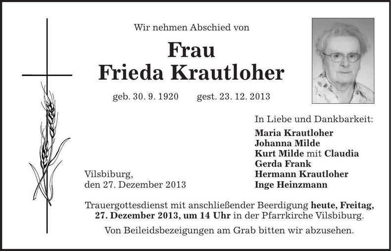 Traueranzeige Frieda Krautloher