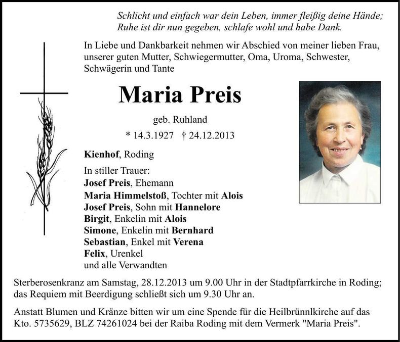 Traueranzeige Maria Preis