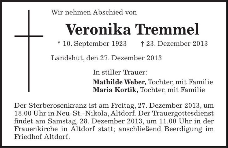 Traueranzeige Veronika Tremmel