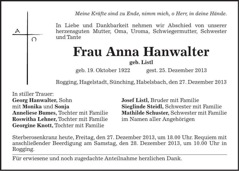 Traueranzeige Anna Hanwalter