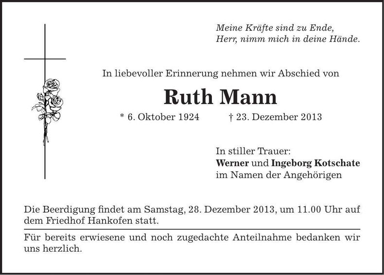 Traueranzeige Ruth Mann