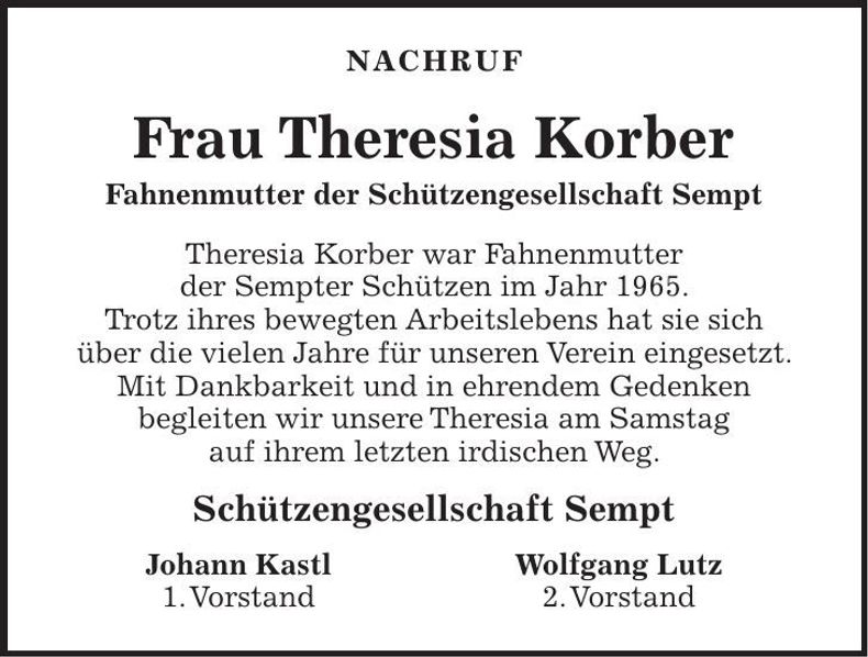 Traueranzeige Theresia Korber
