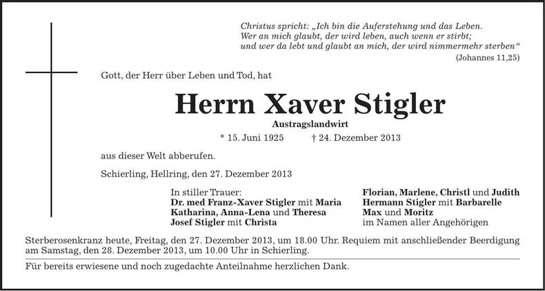 Traueranzeige Xaver Stigler