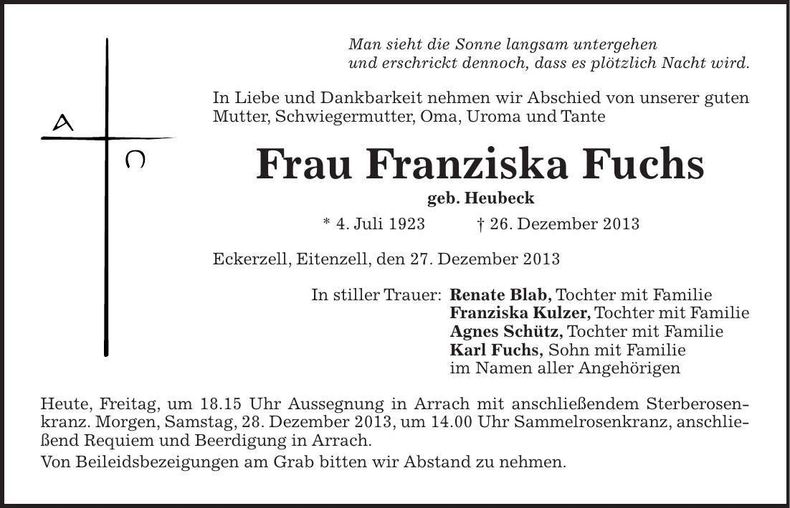 Traueranzeige Franziska Fuchs