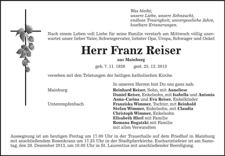 Traueranzeige Franz Reiser