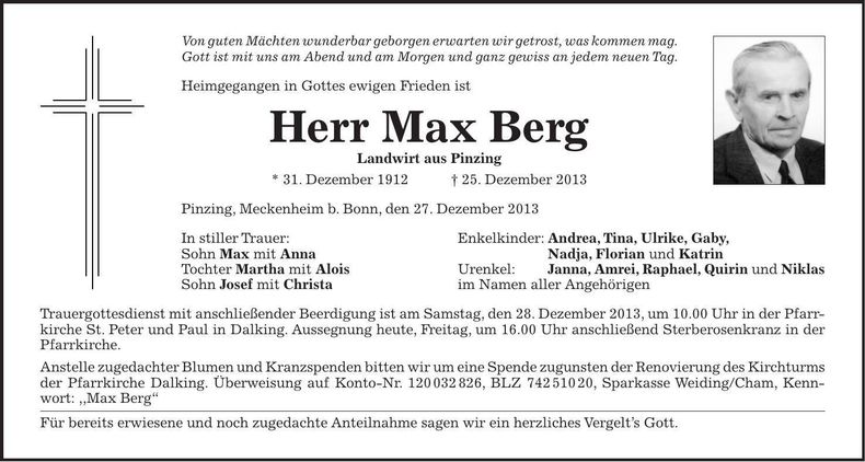 Traueranzeige Max Berg