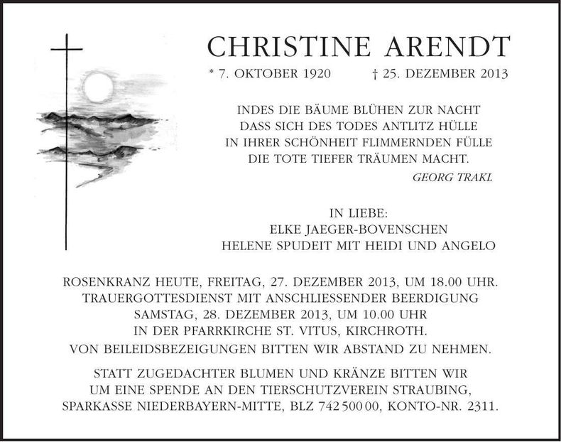 Traueranzeige Christine Arendt