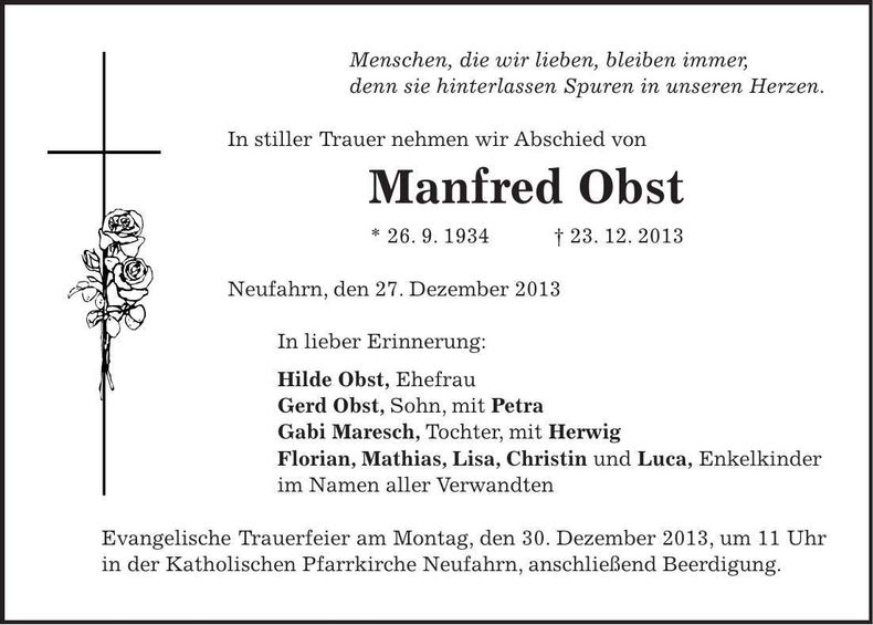 Traueranzeige Manfred Obst