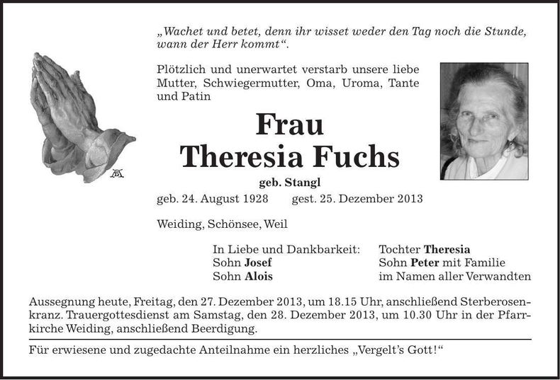 Traueranzeige Theresia Fuchs