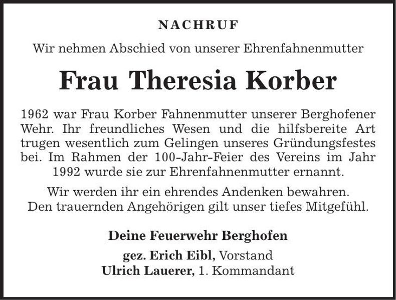 Traueranzeige Theresia Korber