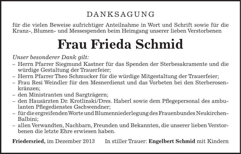 Traueranzeige Frieda Schmid