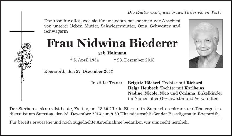 Traueranzeige Nidwina Biederer