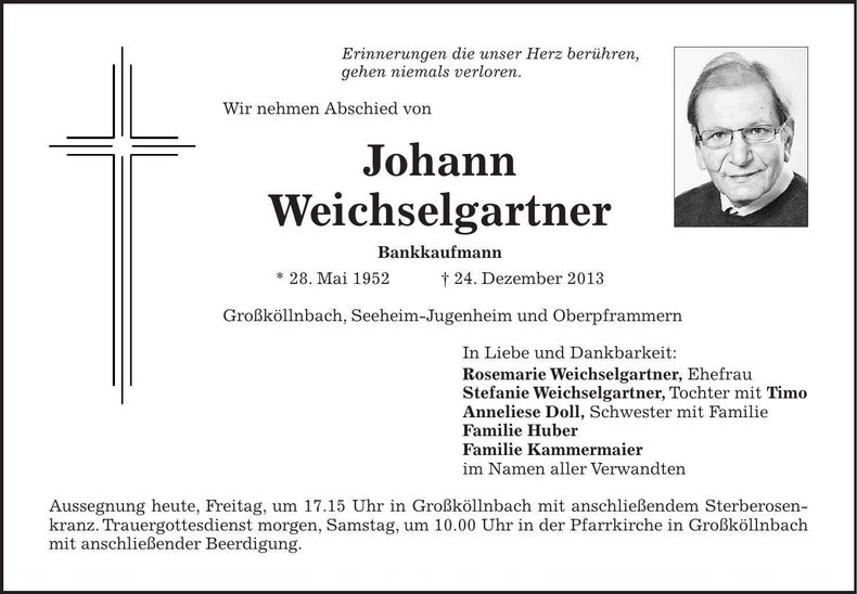Traueranzeige Johann Weichselgartner
