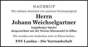 Traueranzeige Johann Weichselgartner