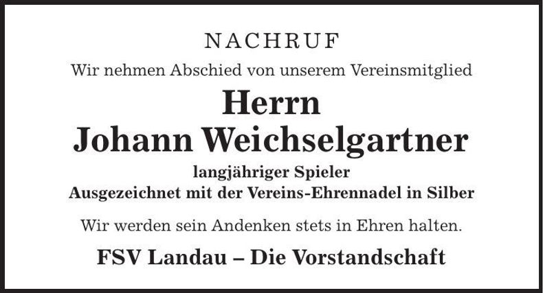 Traueranzeige Johann Weichselgartner