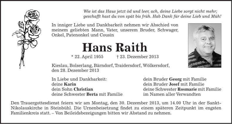 Traueranzeige Hans Raith