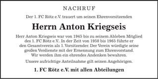 Traueranzeige Anton Kriegseis