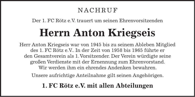 Traueranzeige Anton Kriegseis