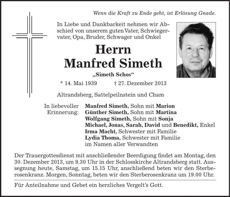 Traueranzeige Manfred Simeth