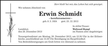 Traueranzeige Erwin Schmidt