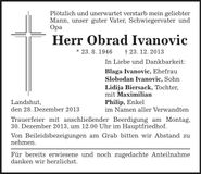 Traueranzeige Obrad Ivanovic
