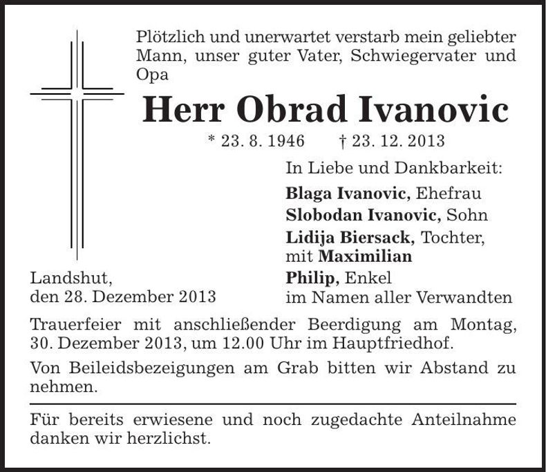 Traueranzeige Obrad Ivanovic
