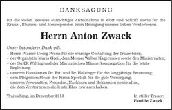 Traueranzeige Anton Zwack