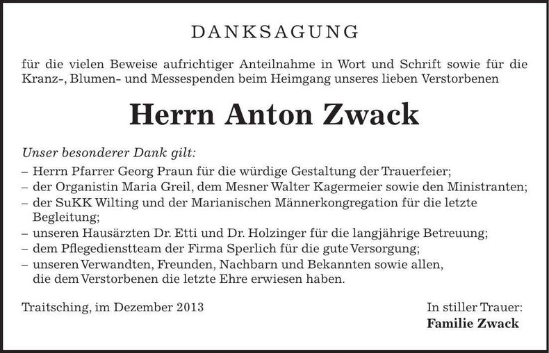Traueranzeige Anton Zwack