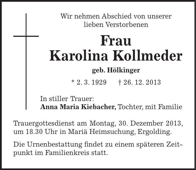 Traueranzeige Karolina Kollmeder