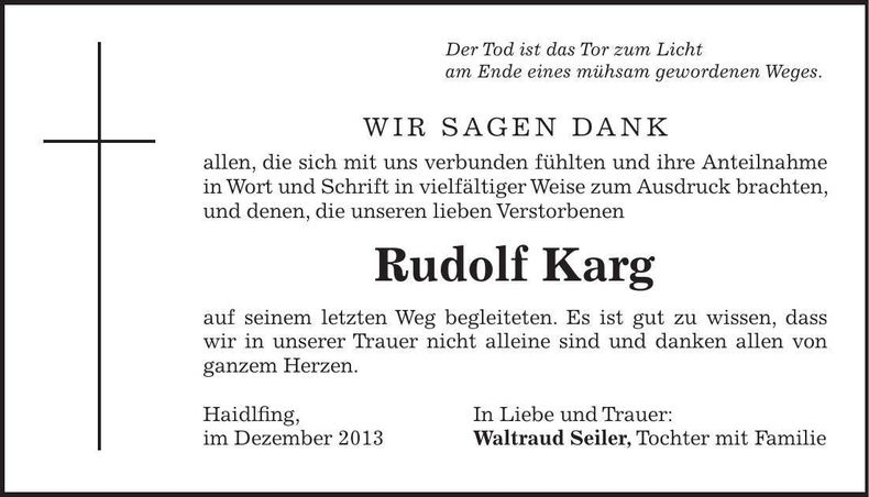 Traueranzeige Rudolf Karg