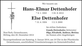 Traueranzeige Hans-Elmar und Else Dettenhofer
