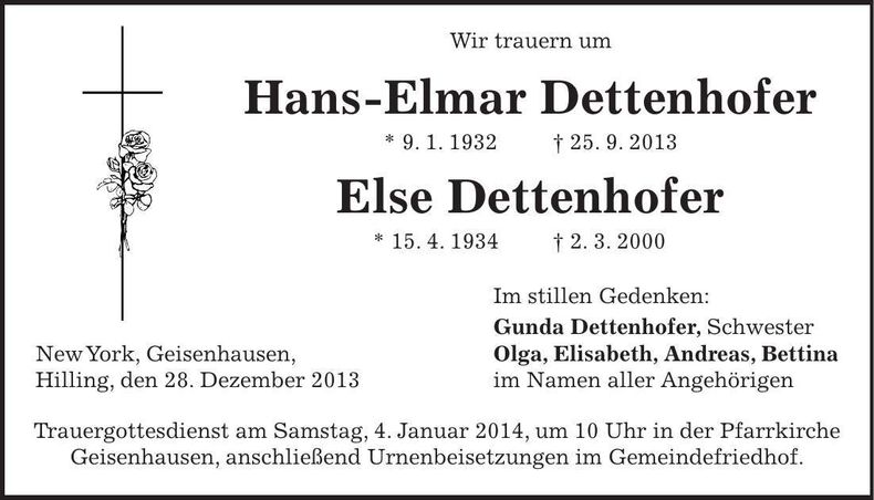 Traueranzeige Hans-Elmar und Else Dettenhofer