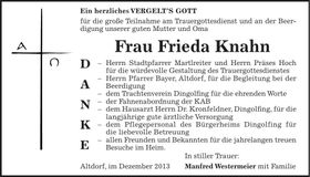 Traueranzeige Frieda Knahn