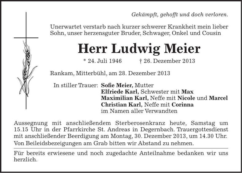 Traueranzeige Ludwig Meier