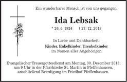 Traueranzeige Ida Lebsak