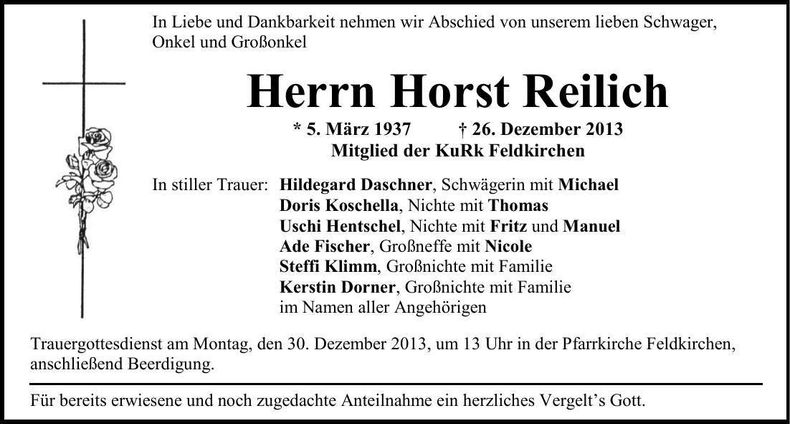 Traueranzeige Horst Reilich