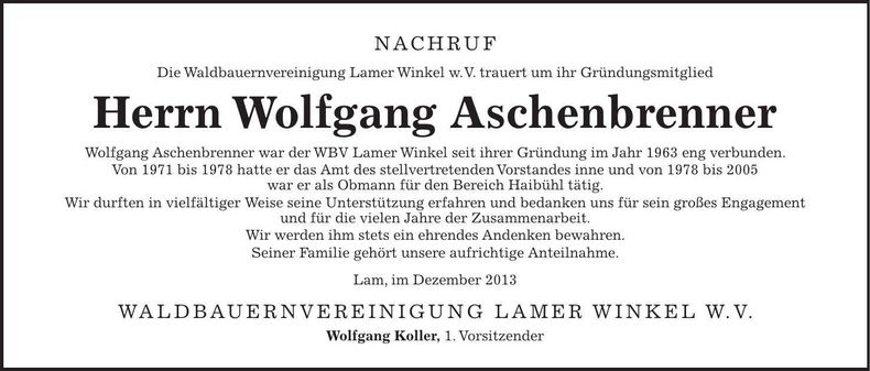 Traueranzeige Wolfgang Aschenbrenner