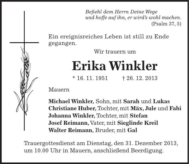 Traueranzeige Erika Winkler